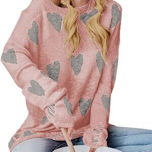 Womens Cute Love Heart Print Sweaters Oversized Off The Shoulder Loose Knitted